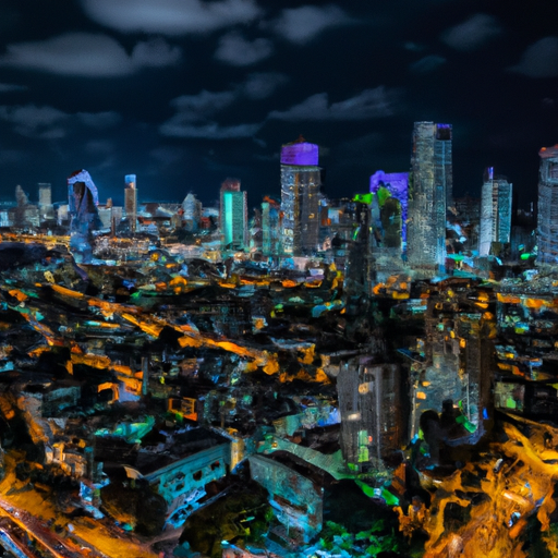 נוף לילי תוסס של קו הרקיע של תל אביב המציג את האווירה התוססת של העיר.