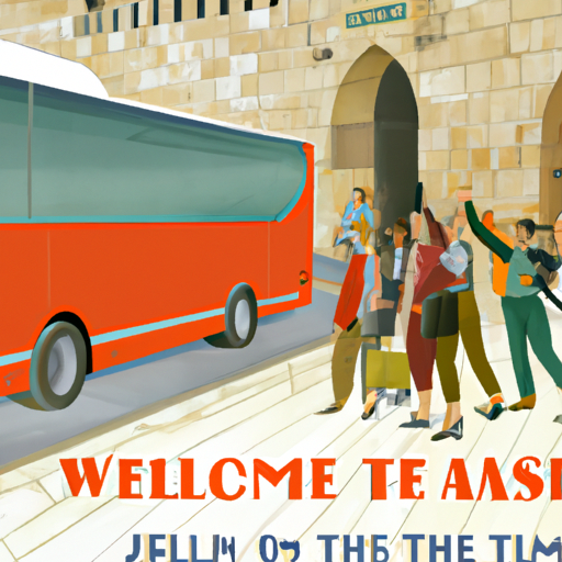 קבוצת תיירים שעולה לאוטובוס עם הכיתוב 'תחילת טיול מרגש לירושלים'